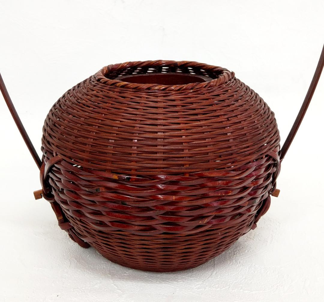 岡田節哉作 手付 籠花入 花器 茶道具 日展入選 日本工芸会推薦 昭和の竹工芸家