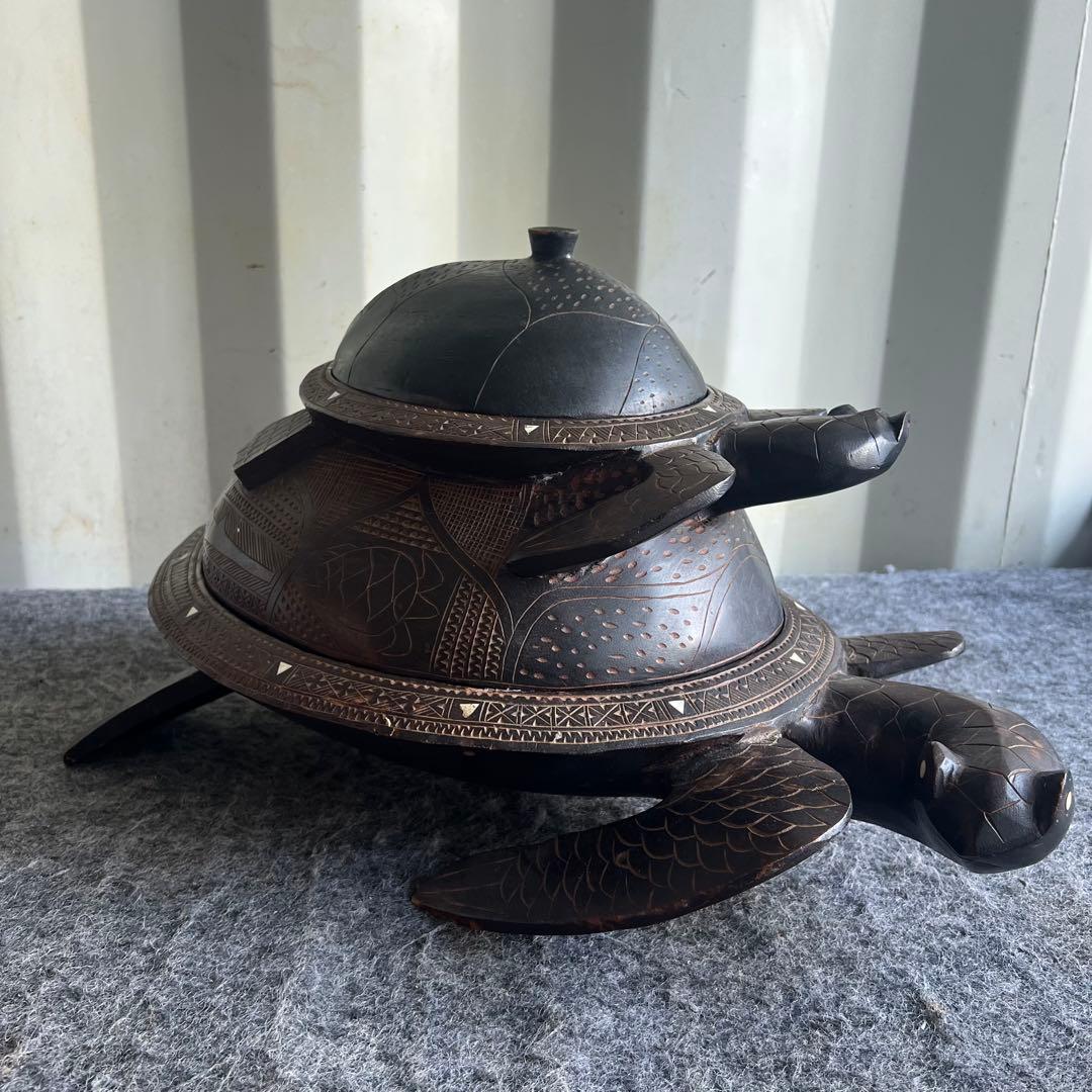 IG68 希少品✨ 亀 木製 小物入れ 縁起物 インテリア 2段 甲羅 レア