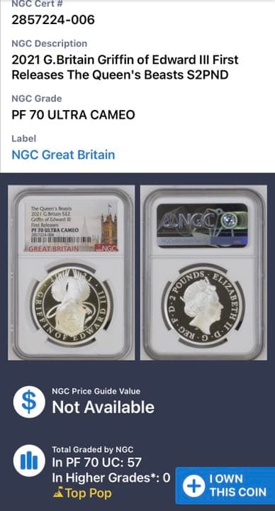 2021年 イギリス クイーンズビースト グリフィン PF70UC FR