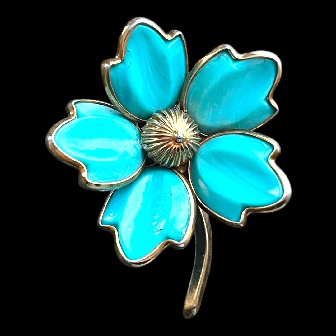 CROWN TRIFARI☆初期☆注ぎガラス☆ターコイズブルーフラワーブローチ