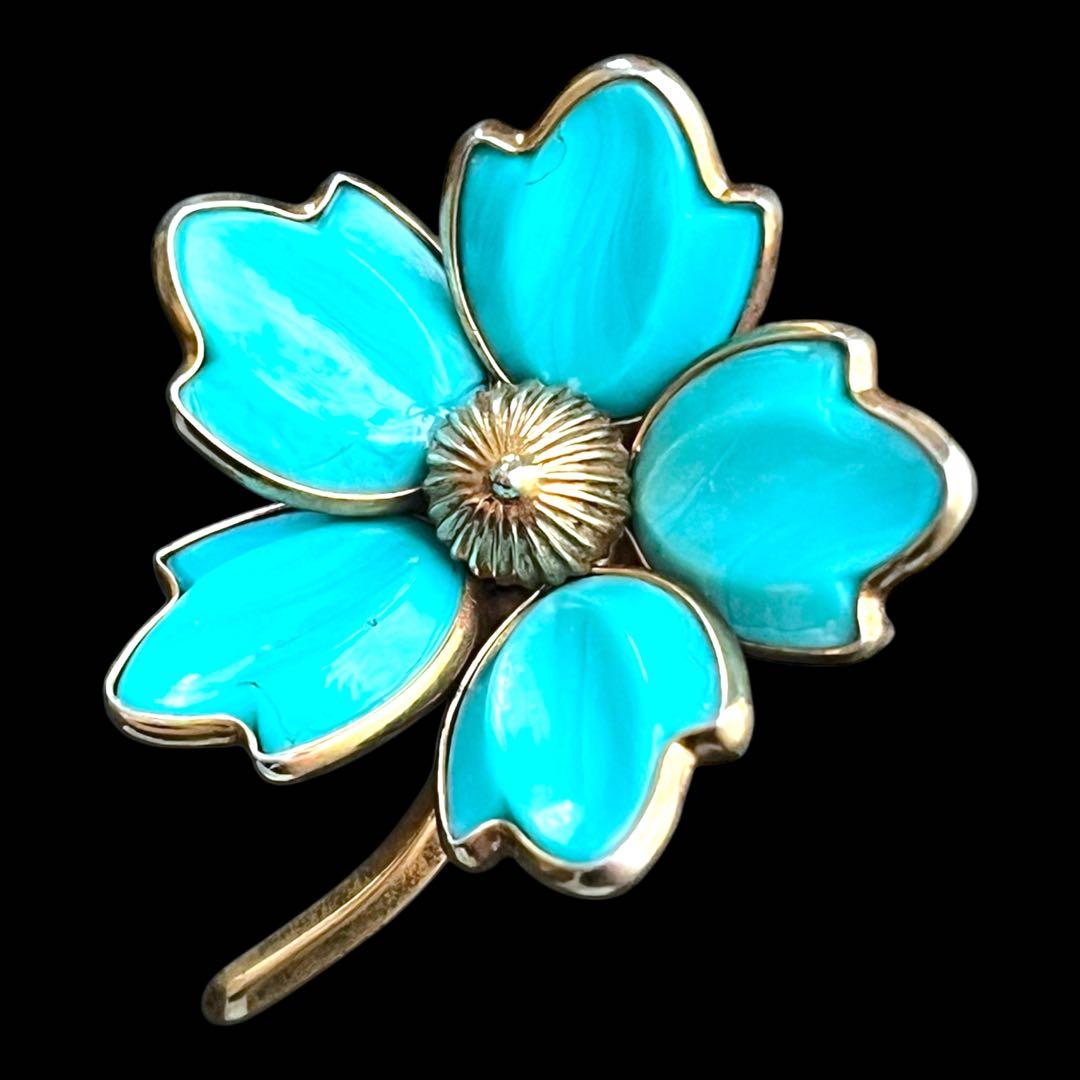 CROWN TRIFARI☆初期☆注ぎガラス☆ターコイズブルーフラワーブローチ