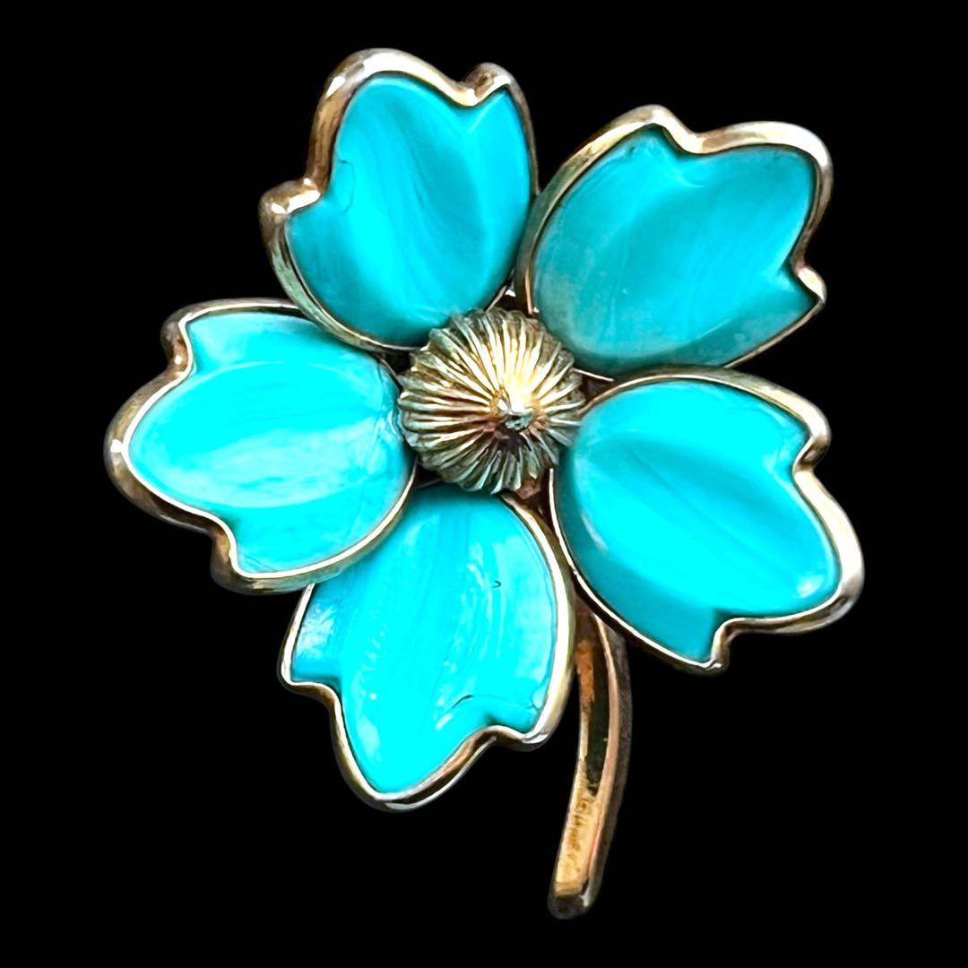 CROWN TRIFARI☆初期☆注ぎガラス☆ターコイズブルーフラワーブローチ