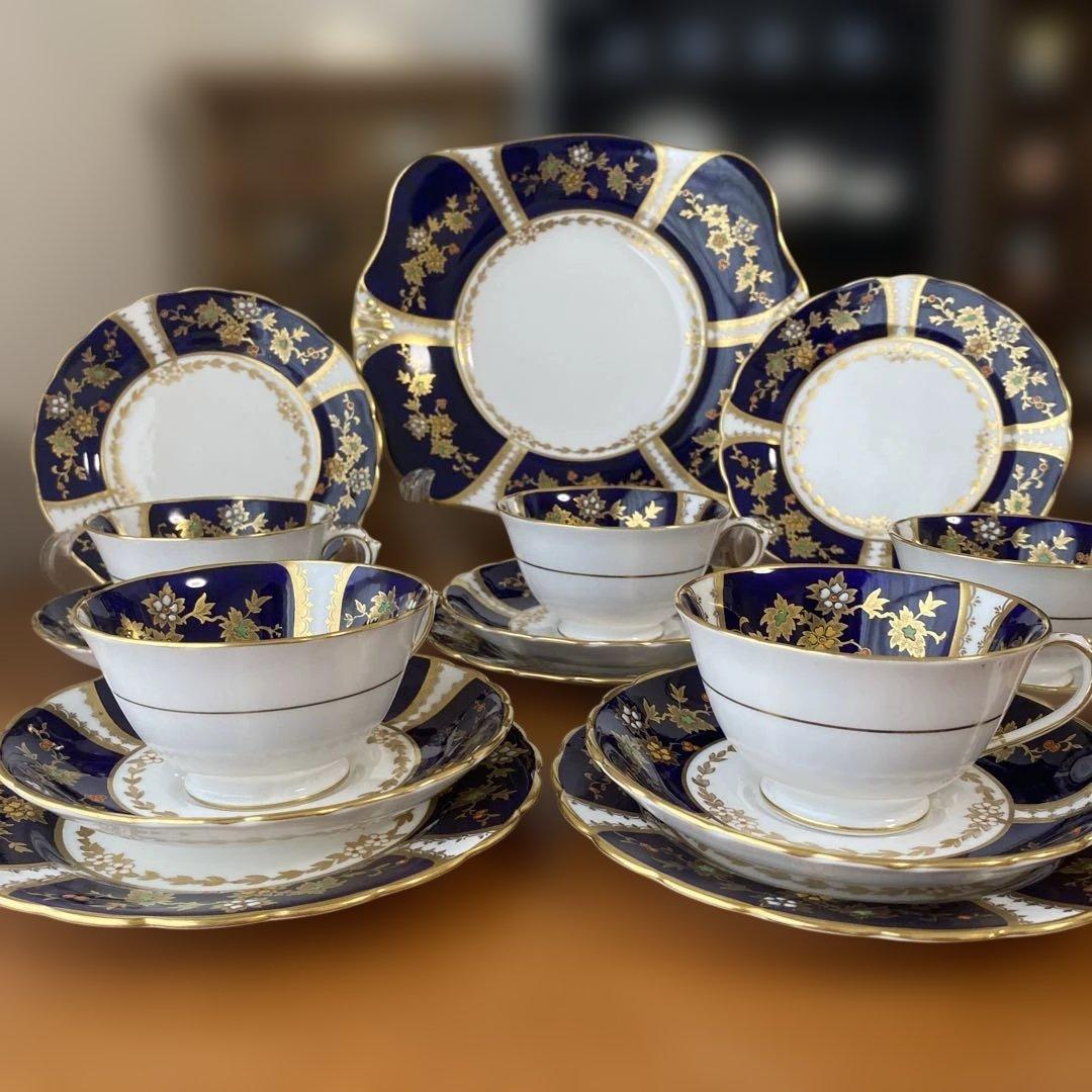 タスカン　コバルトブルー　エナメルペイント　金箔装飾　ティーセット　トリオ4点