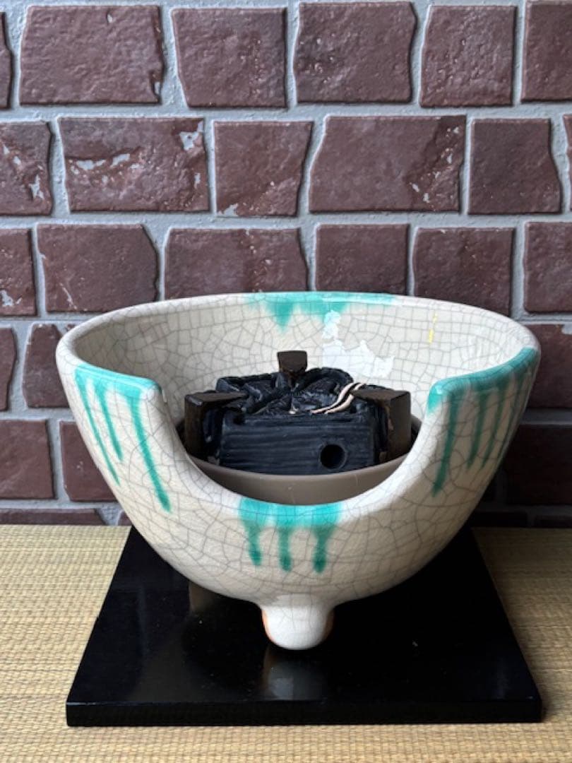 茶道具 野々田商店緑釉掛さつま織部紅鉢型風炉型電熱器炭型ヒーター香入敷板・紙箱付