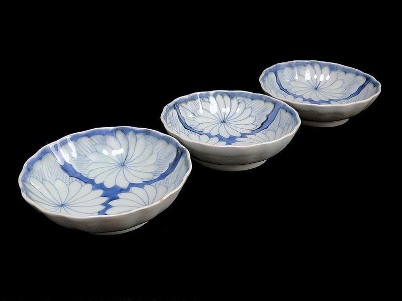 古伊万里　染付　割絵　菊の図　膾皿　３客　D760AS-BVk