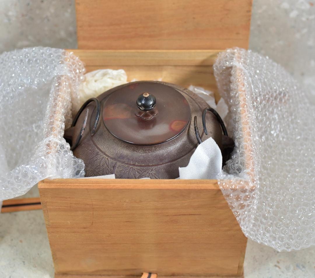 特価、唐銅風炉斑紫銅＆竹文茶釜、電熱器、五徳、敷板5点組【極上品】　お茶道具/箱