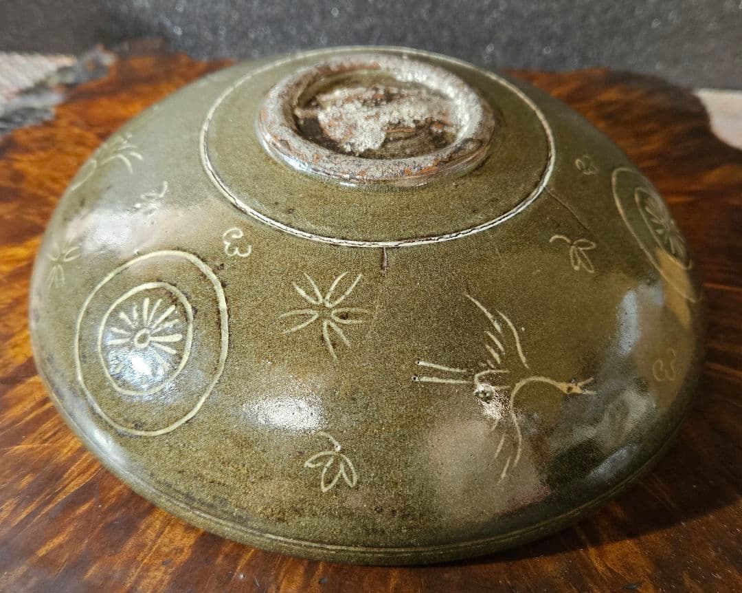 【古作品❗】李朝　高麗青磁写し　象嵌　太陽に鳥の図　鉢　菓子鉢　茶道具　茶器