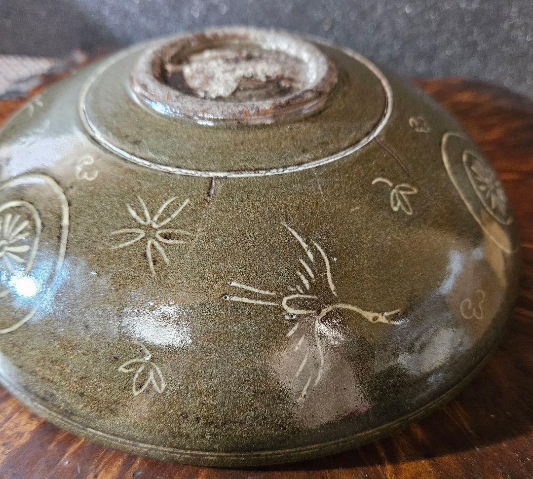 【古作品❗】李朝　高麗青磁写し　象嵌　太陽に鳥の図　鉢　菓子鉢　茶道具　茶器