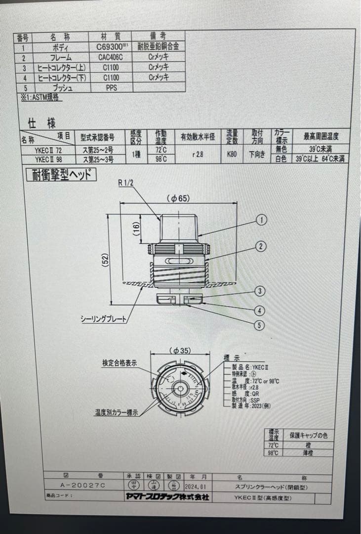閉鎖型1種スプリンクラーヘッド　R2.8 YKECⅡ 高感度型72℃98℃