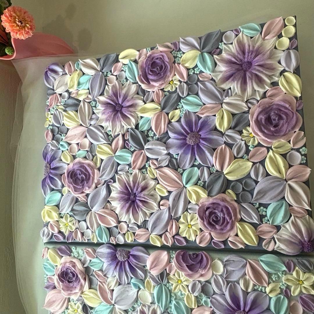 テクスチャーアート　花束　壁掛け　インテリア　現代アート　花の絵　フラワーアート