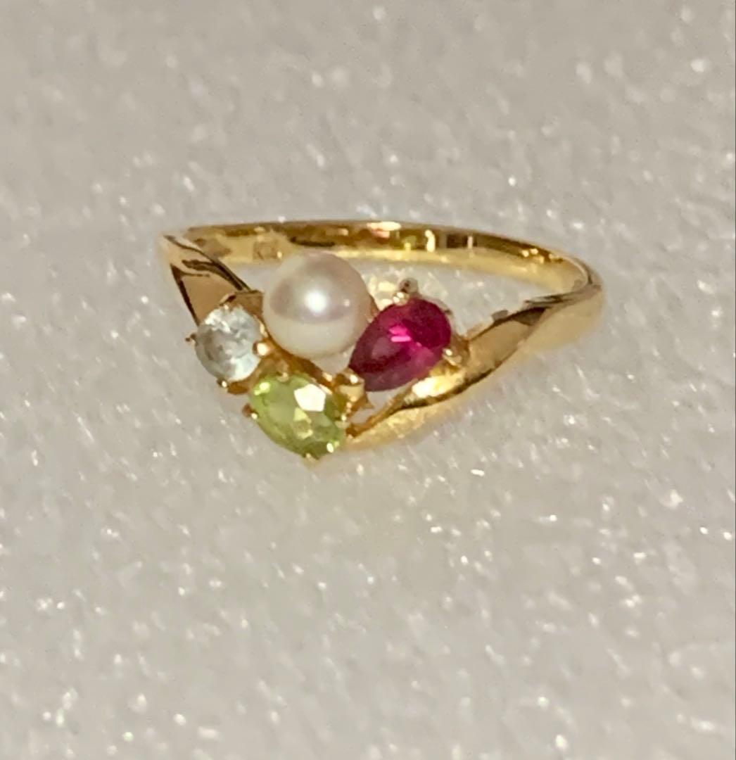 K18 パール＆3種のジュエリー ストーン デザインリング