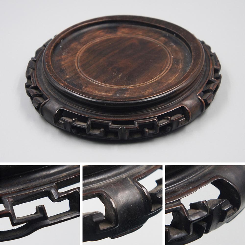 【木】　★ 竹木 唐木透彫拐子紋底座 ★　清時代　圓形 四足 細工彫刻　文房珍玩