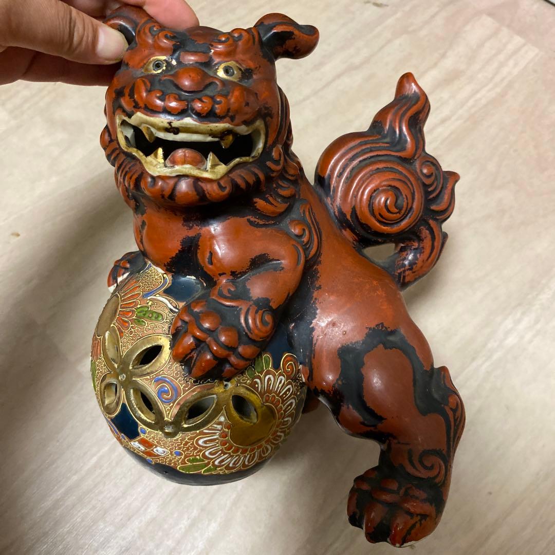 ■九谷 玉乗り獅子/九谷焼 玉獅子 判　九谷 獅子 赤獅子 古董縁起物 置物