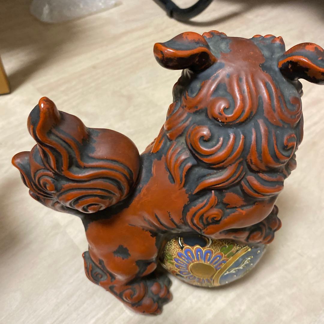 ■九谷 玉乗り獅子/九谷焼 玉獅子 判　九谷 獅子 赤獅子 古董縁起物 置物