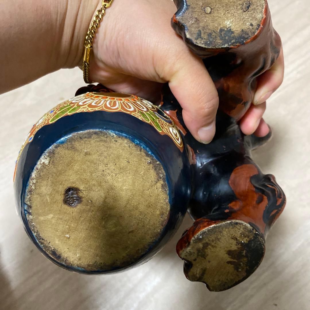 ■九谷 玉乗り獅子/九谷焼 玉獅子 判　九谷 獅子 赤獅子 古董縁起物 置物