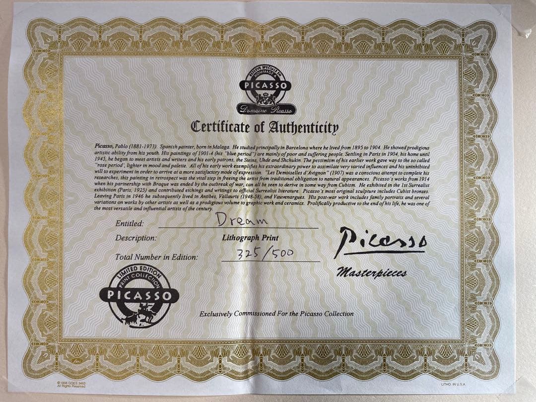 Pablo Picasso Dream リトグラフ 325/500