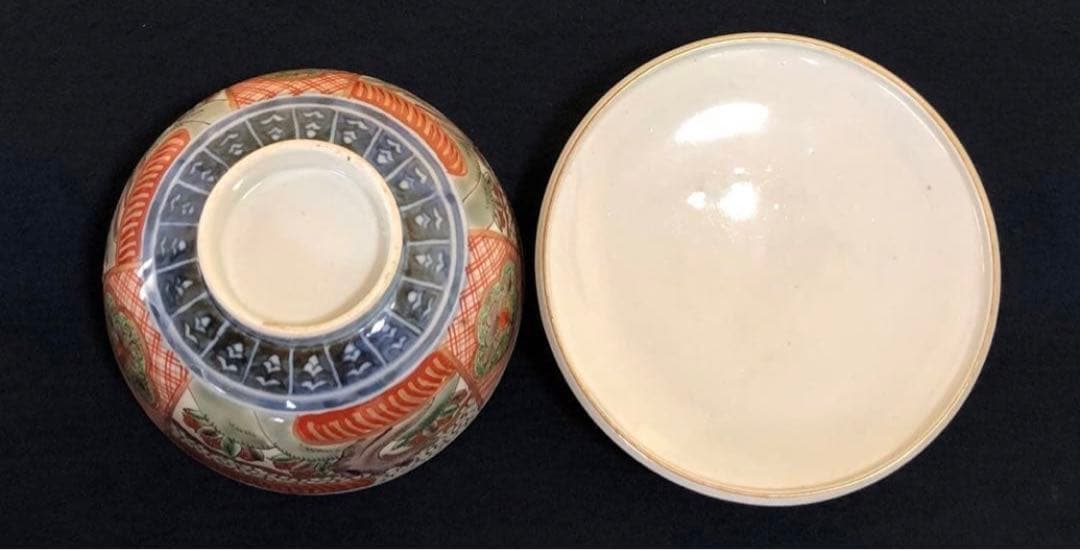 《R》伊万里 赤絵 色絵 蓋碗10客 蓋茶碗 蓋物 木箱　260107か5