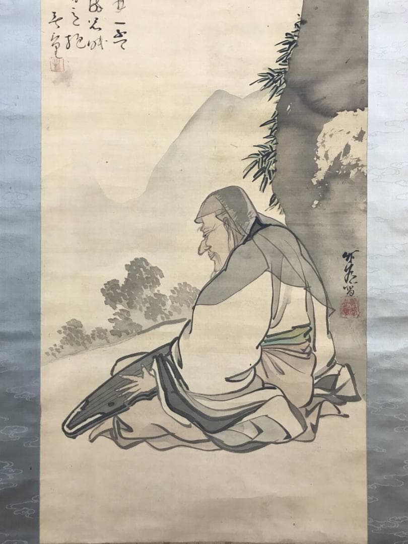 真作/依田竹谷(画)/亀田鵬斎(賛)/山水人物画賛/掛軸/名家伝来/AH-715