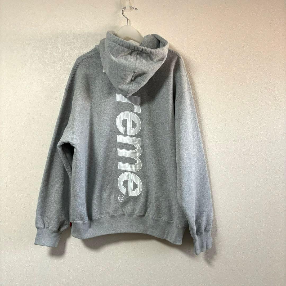 Supreme サテン アップリケ スウェット パーカー　ビックロゴ　グレー　L