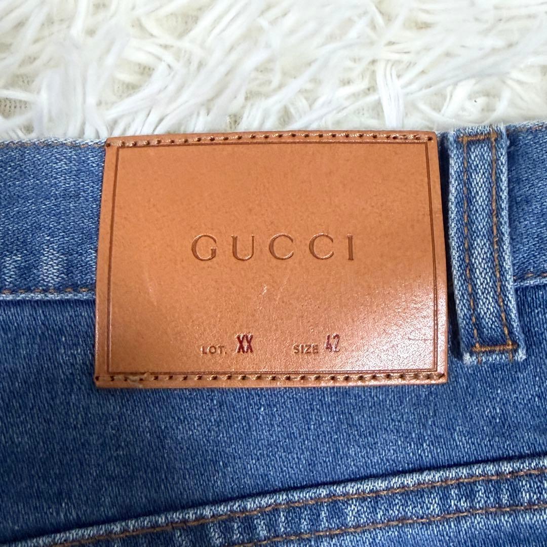 【極美品】グッチ デニムスカート シェリーライン ウェブストライプ レザーパッチ