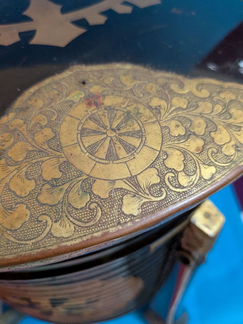 江戸時代大名道具黒漆塗り源氏車金御家紋入公家大名上級武家所用行器（ほかい）難有品