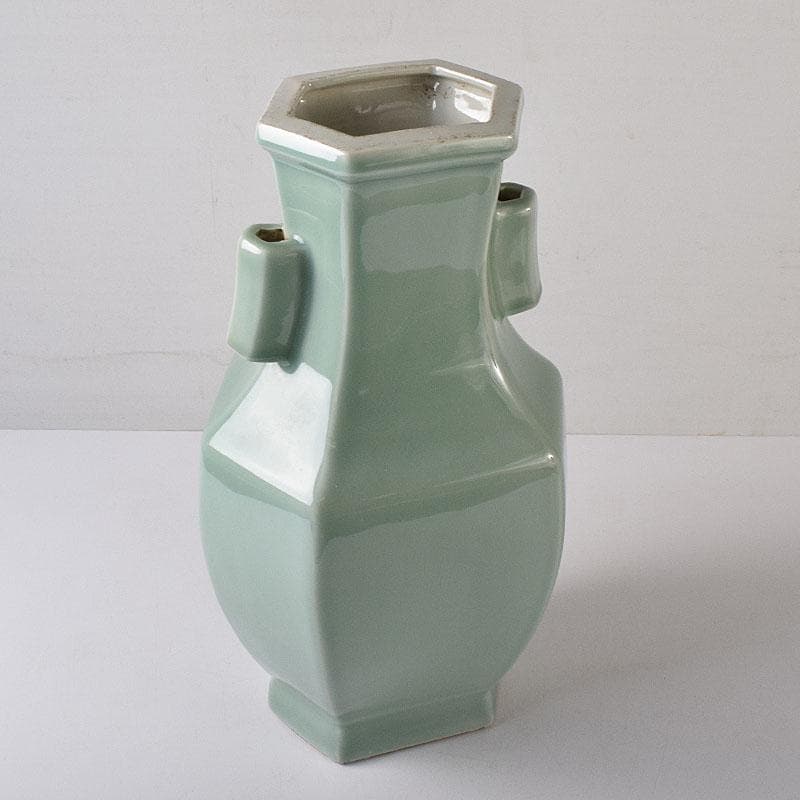 中国　大清康煕年製款　粉青釉　双貫耳瓶　V　R8510H