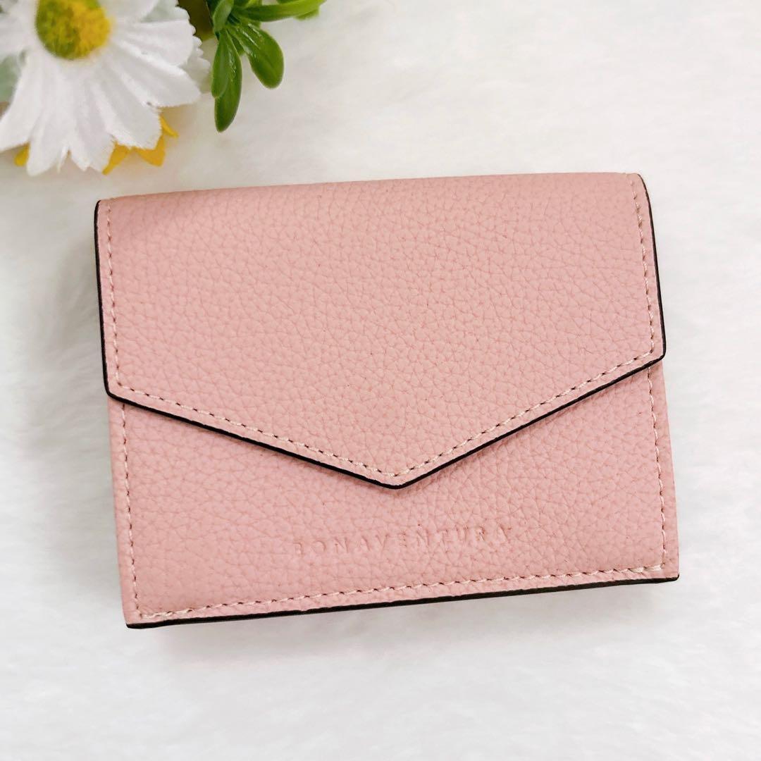 美品 BONAVENTURA レザー コンパクトウォレット 三つ折り財布 ピンク