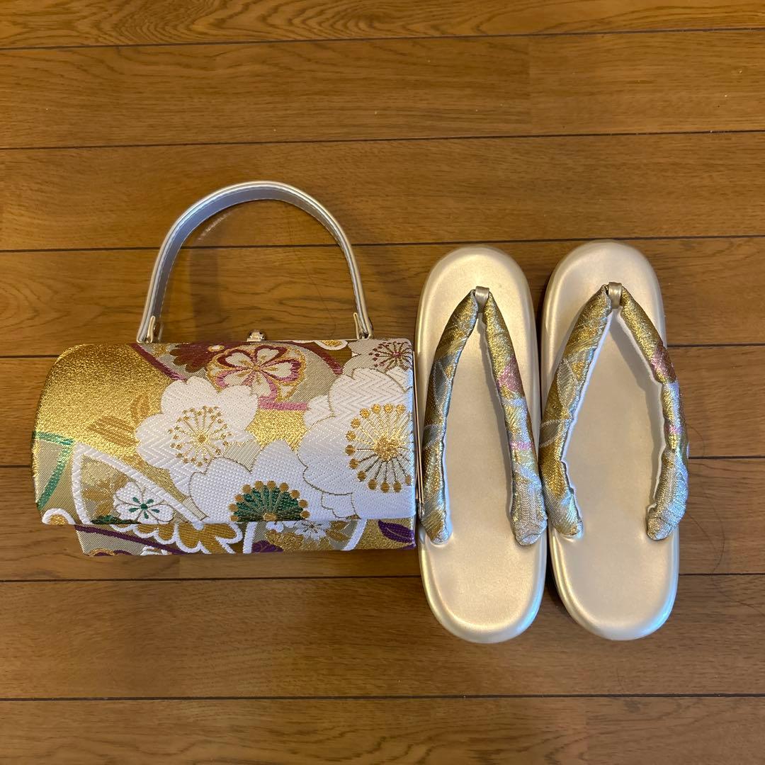 値下げ和装用バッグと草履セット　金色かわいい　成人式　結婚式　草履LL 一蔵