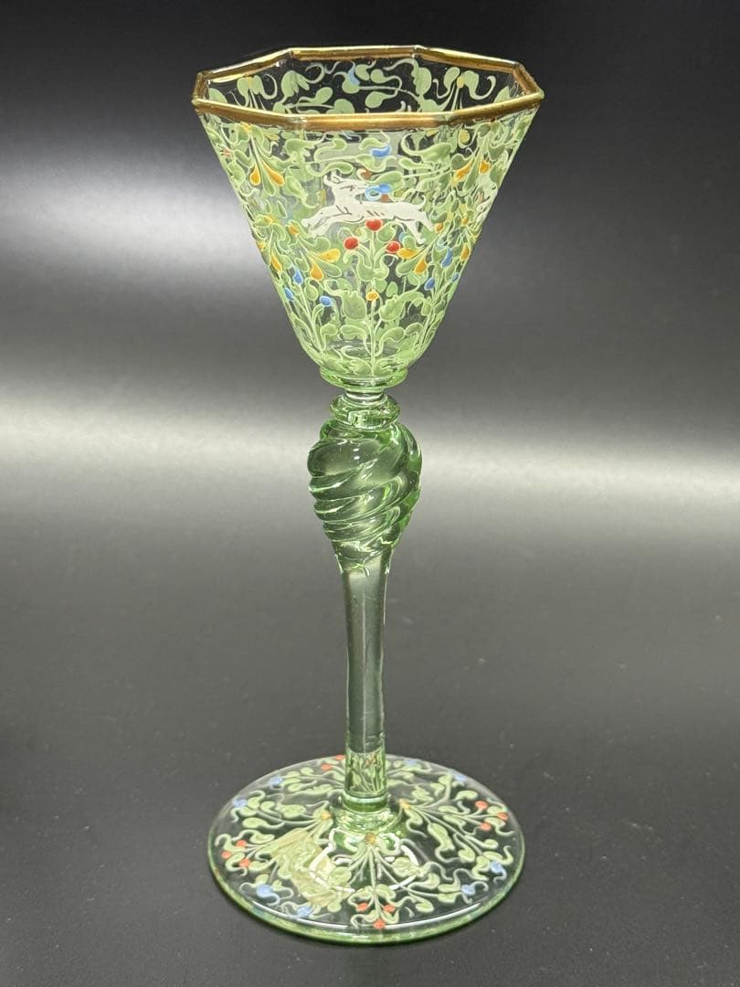 19世紀 アンティーク ベネチアガラス 金 エナメル彩 然文 緑色 八角 グラス