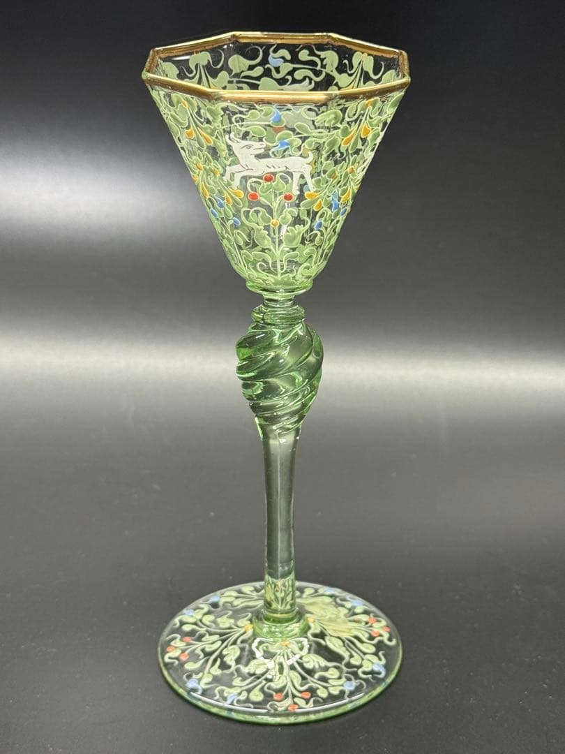 19世紀 アンティーク ベネチアガラス 金 エナメル彩 然文 緑色 八角 グラス