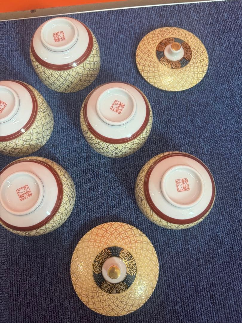 1747 九谷焼　金七宝　湯呑蓋付　5客　金彩　未使用