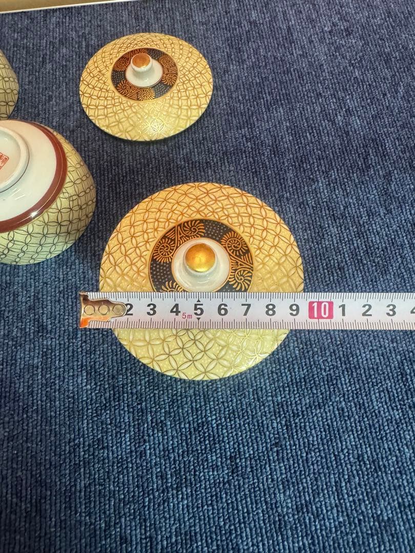 1747 九谷焼　金七宝　湯呑蓋付　5客　金彩　未使用