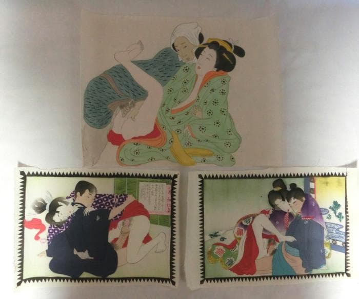 最終特価！浮世絵　春画 絹本　肉筆 3種3枚 美人図 枕絵 秘画 裸婦