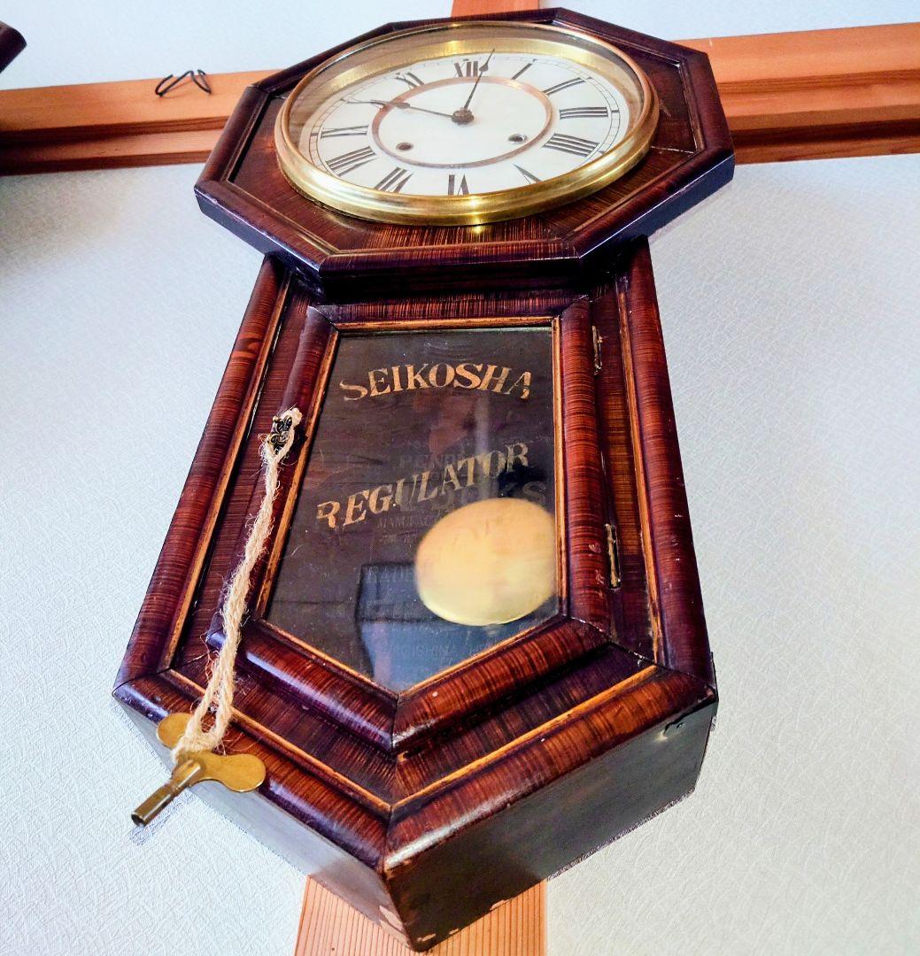 〈完動美品〉精工舎　大型十寸中玉縁八角尾長ゼンマイ振り子時計　アンティーク古時計
