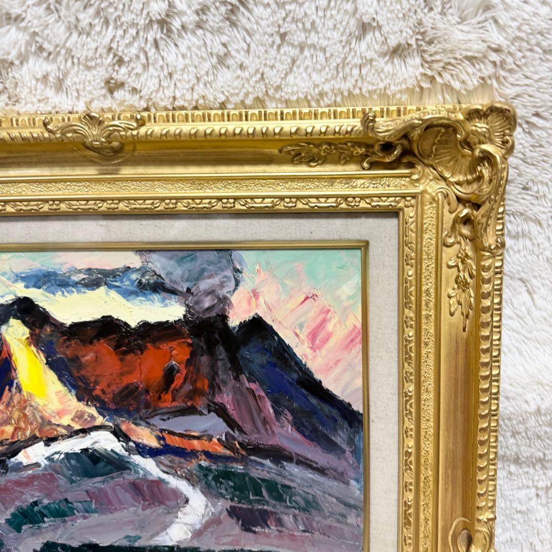 【希少】油絵　桜島　金縁　真作　油彩画　風景画　インテリア　油絵八号