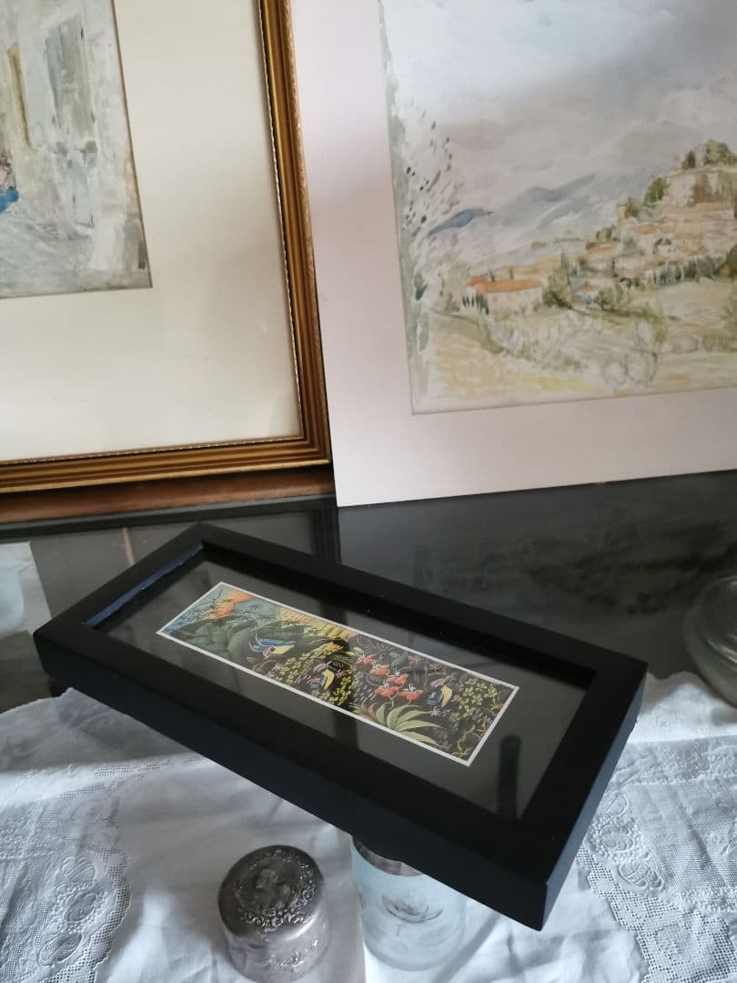 インドネシアバリ島アート 田園と亜熱帯の鳥と花 細密手描き風景画 マスターピース