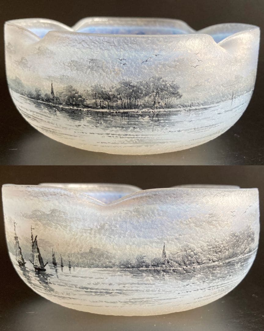 ドーム・ナンシー 阿蘭陀湖畔風景文　ボウル　エナメル　グリザイユ　オパールセント