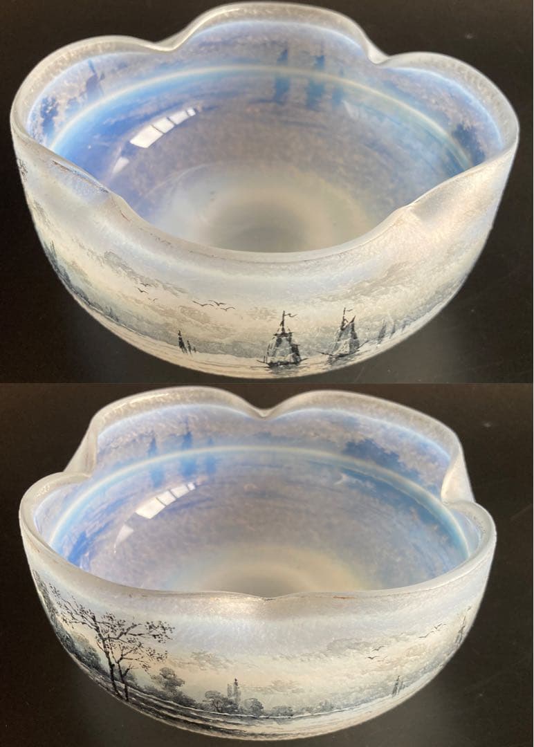 ドーム・ナンシー 阿蘭陀湖畔風景文　ボウル　エナメル　グリザイユ　オパールセント