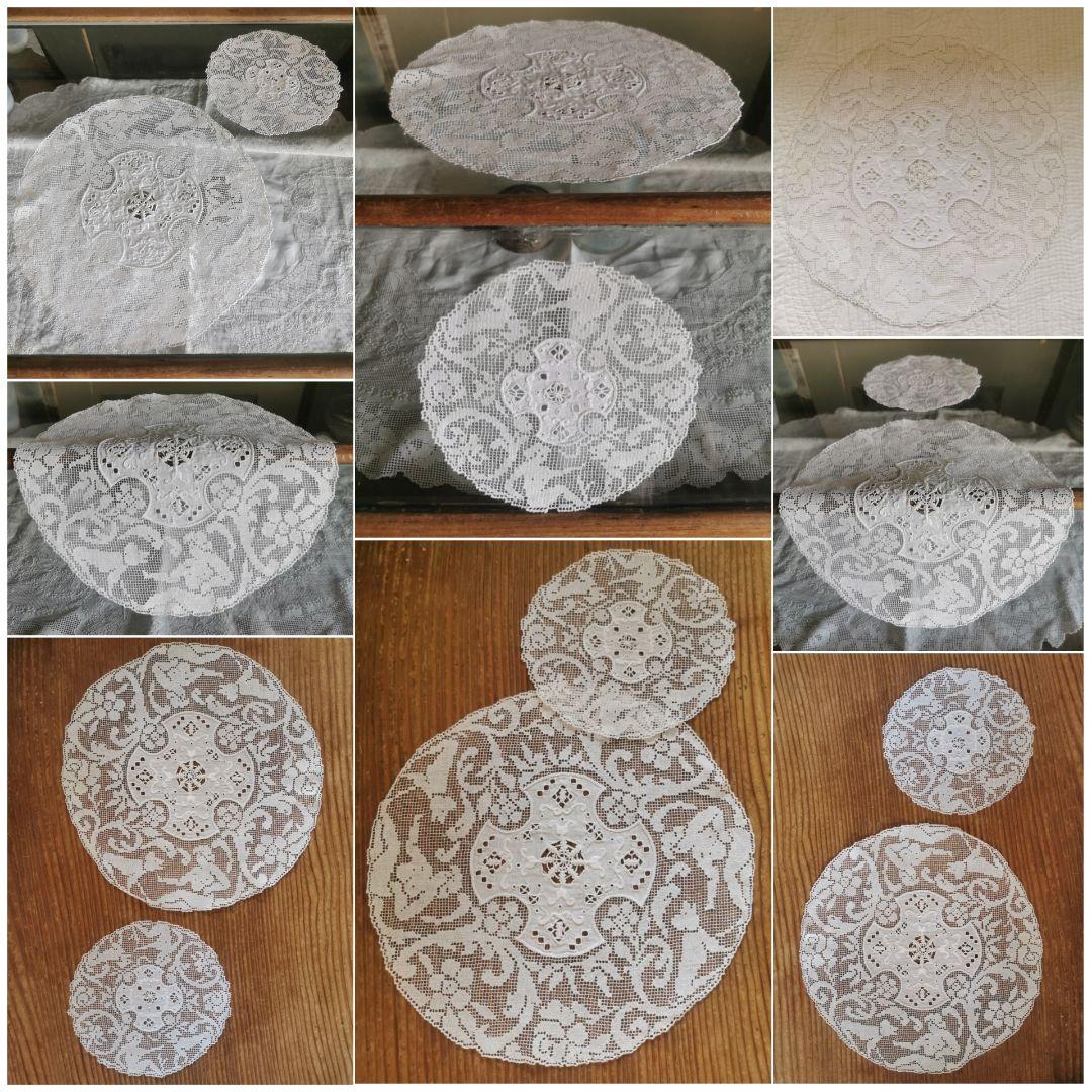 アンティークイタリア 女神と犬のフィレレース レティセラプント刺繍リネンドイリー