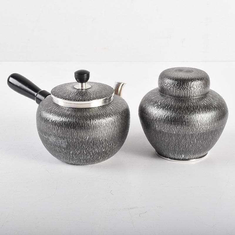 浪華　錫半造　本錫手造り　急須　茶壷　茶托五客など　五点一式　共箱　UR7848