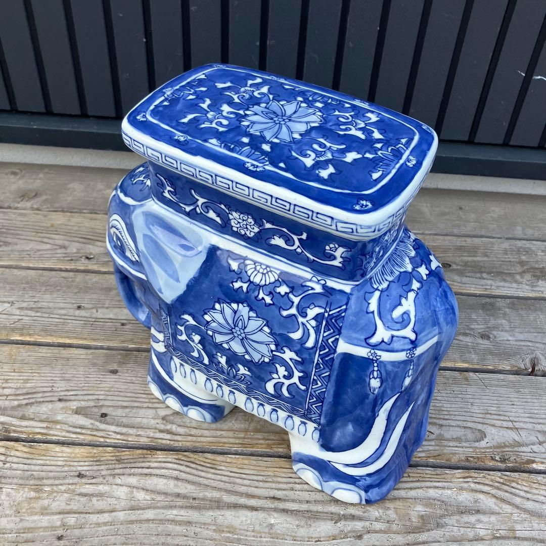 ② 景徳鎮 中国美術品 陶器製 象 オブジェ 飾り スツール 花台 骨董品 置物