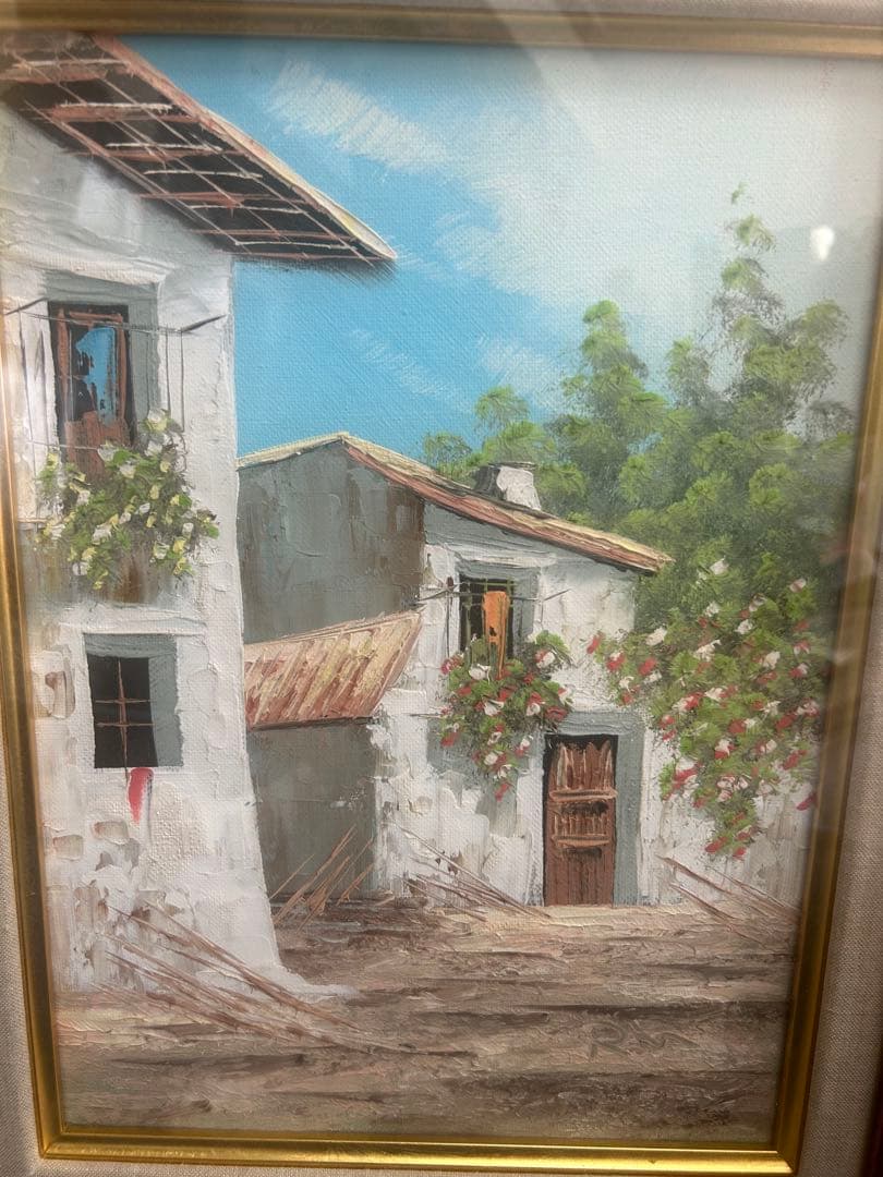 油彩画 風景画 花のある建物