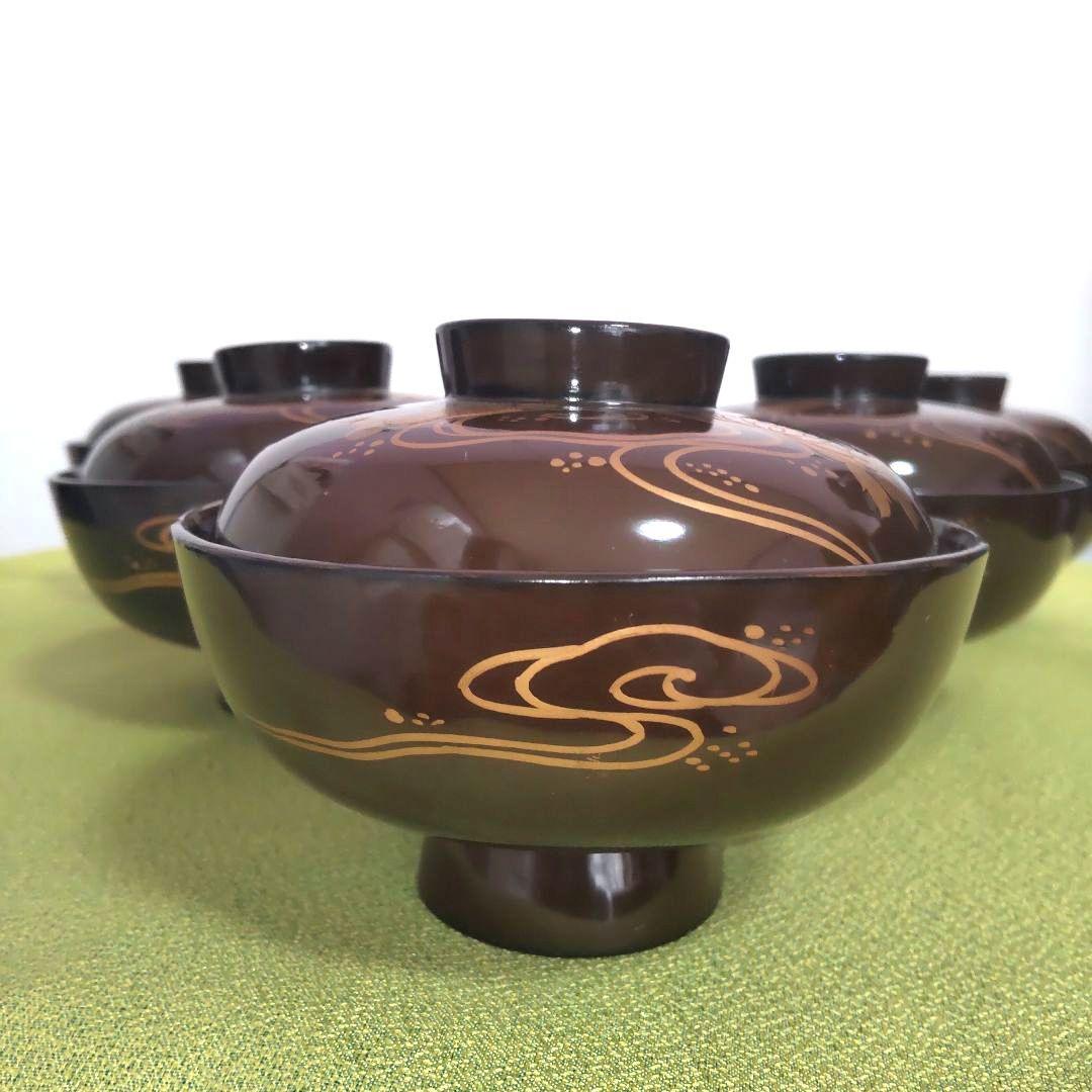 輪島塗 骨董 明治 漆器 椀 6客 金彩 花 牡丹 菊 沈金 木製 蓋付 天然木