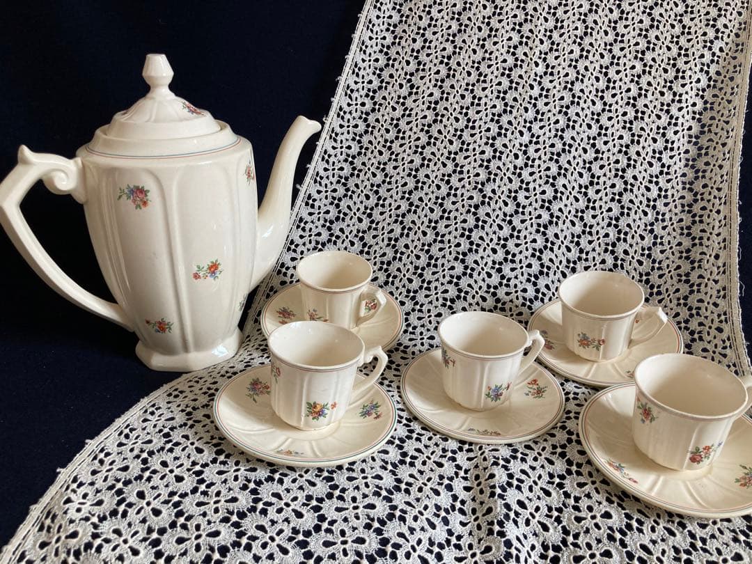 フランスアンティーク 花リム エクリュ ムーランデルー窯 ティーセット