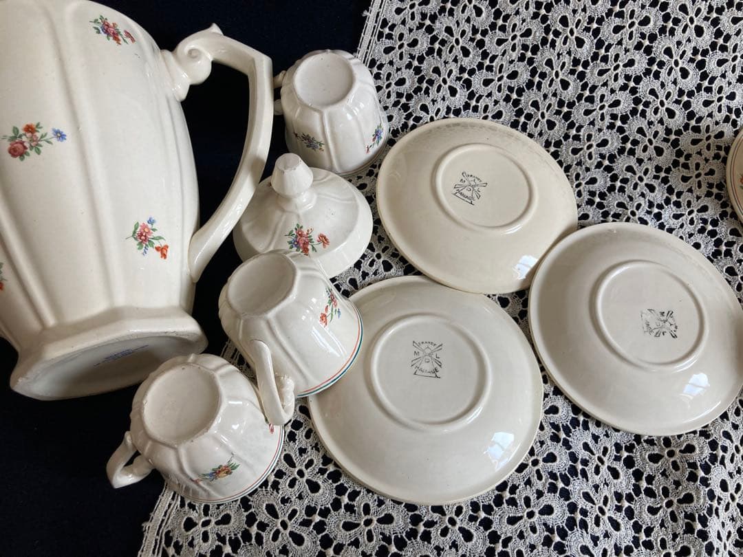 フランスアンティーク 花リム エクリュ ムーランデルー窯 ティーセット