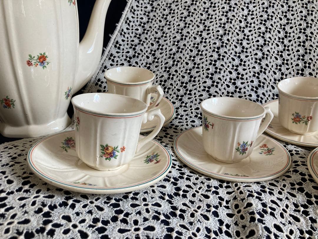 フランスアンティーク 花リム エクリュ ムーランデルー窯 ティーセット