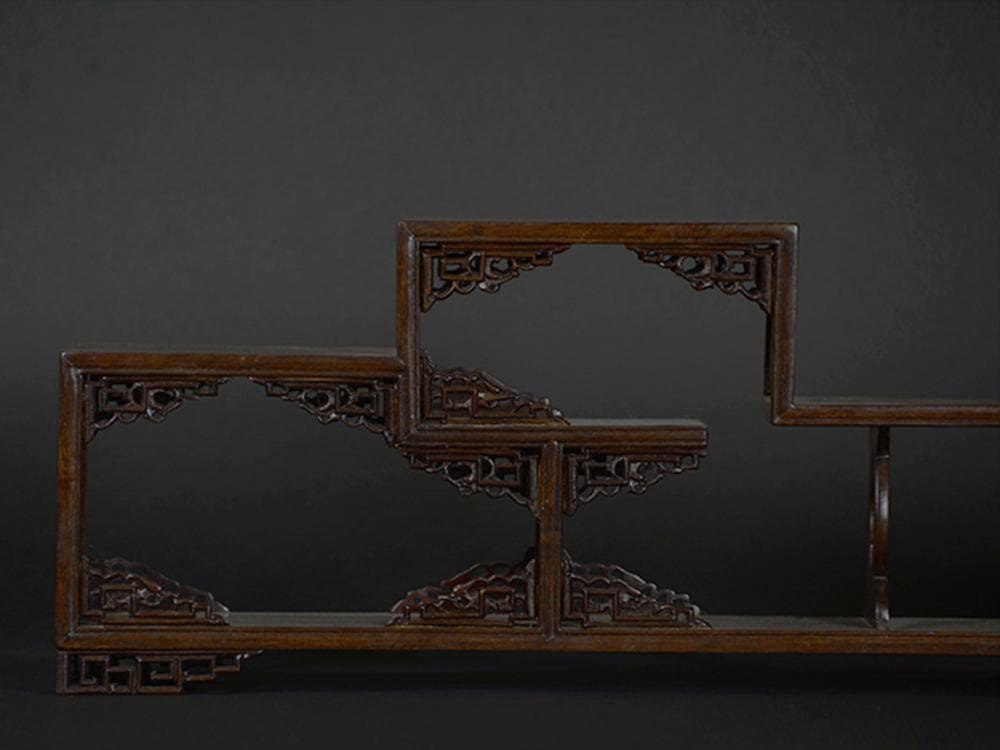 【木】　★ 文房 紅木透彫草龍紋小博古架 ★　清朝期　如意 彫刻文様　蘇工木作