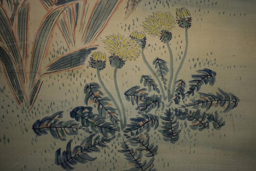 真作/山本梅逸/四季草花小禽図/桐太巻箱付/布袋屋掛軸HH-861