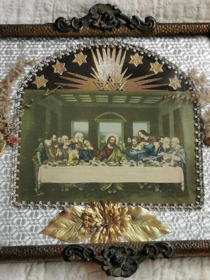 アンティーク 最後の晩餐 ドームガラス ドライフラワー オルモル装飾風銅のパネル