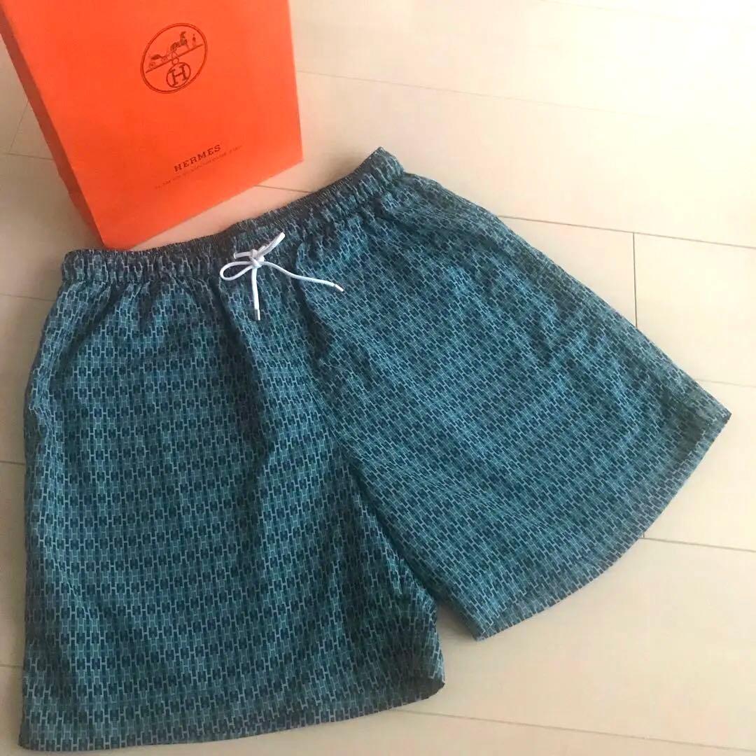 エルメス　おしゃれ　青緑幾何学模様 Hermes ボクサー　水着　s